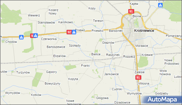 mapa Bielice gmina Krośniewice, Bielice gmina Krośniewice na mapie Targeo