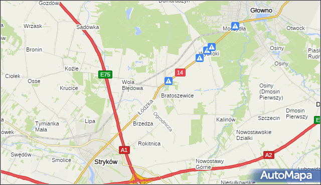 mapa Bratoszewice, Bratoszewice na mapie Targeo