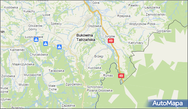 mapa Brzegi gmina Bukowina Tatrzańska, Brzegi gmina Bukowina Tatrzańska na mapie Targeo