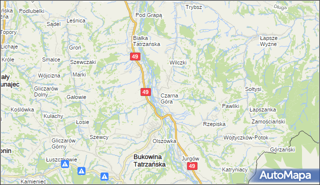 mapa Czarna Góra gmina Bukowina Tatrzańska, Czarna Góra gmina Bukowina Tatrzańska na mapie Targeo