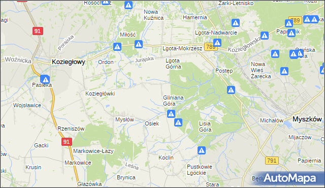 mapa Gliniana Góra gmina Koziegłowy, Gliniana Góra gmina Koziegłowy na mapie Targeo