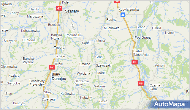 mapa Groń gmina Bukowina Tatrzańska, Groń gmina Bukowina Tatrzańska na mapie Targeo