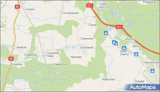 mapa Gronowice gmina Lasowice Wielkie, Gronowice gmina Lasowice Wielkie na mapie Targeo