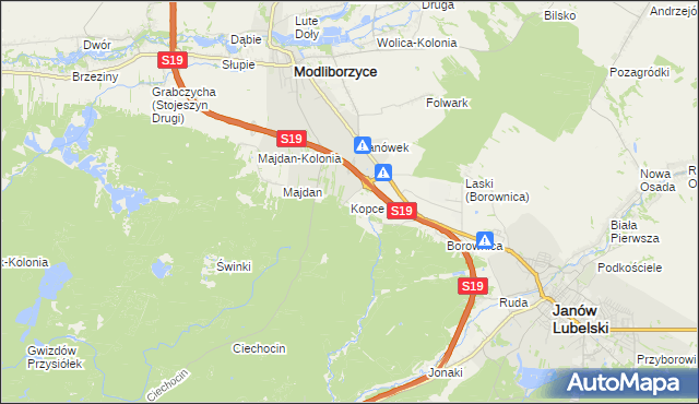 mapa Kopce gmina Janów Lubelski, Kopce gmina Janów Lubelski na mapie Targeo