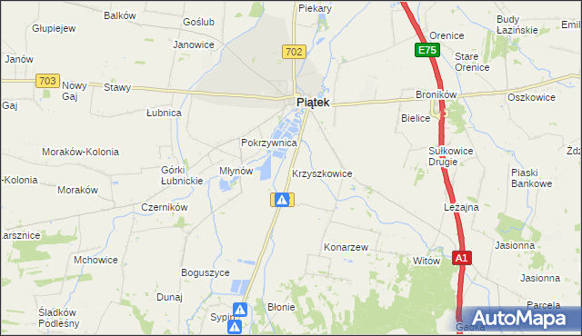 mapa Krzyszkowice gmina Piątek, Krzyszkowice gmina Piątek na mapie Targeo