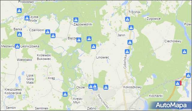 mapa Linowiec gmina Starogard Gdański, Linowiec gmina Starogard Gdański na mapie Targeo