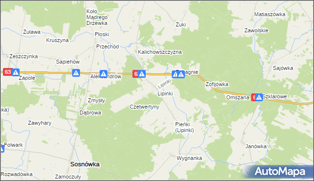 mapa Lipinki gmina Sosnówka, Lipinki gmina Sosnówka na mapie Targeo