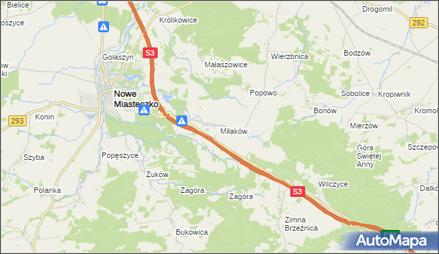 mapa Miłaków gmina Nowe Miasteczko, Miłaków gmina Nowe Miasteczko na mapie Targeo