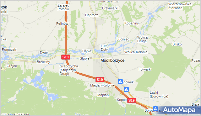 mapa Modliborzyce powiat janowski, Modliborzyce powiat janowski na mapie Targeo