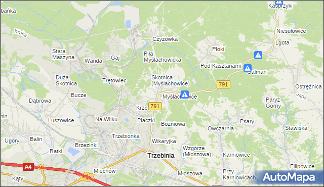 mapa Myślachowice, Myślachowice na mapie Targeo