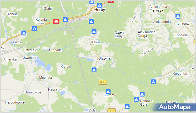 mapa Olszyna gmina Herby, Olszyna gmina Herby na mapie Targeo