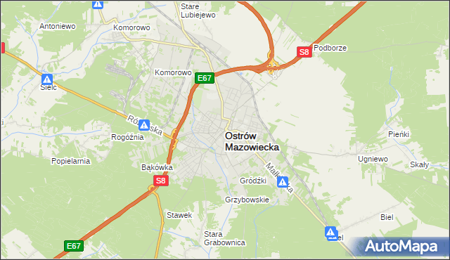 mapa Ostrów Mazowiecka, Ostrów Mazowiecka na mapie Targeo