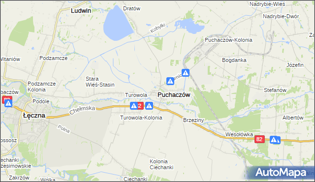 mapa Puchaczów powiat łęczyński, Puchaczów powiat łęczyński na mapie Targeo