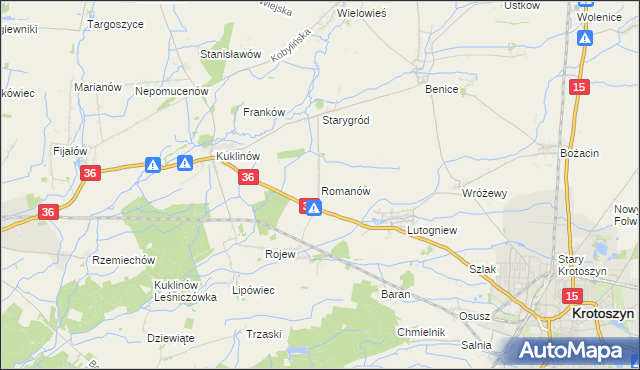 mapa Romanów gmina Krotoszyn, Romanów gmina Krotoszyn na mapie Targeo