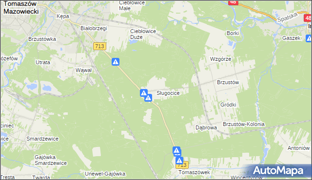 mapa Sługocice gmina Tomaszów Mazowiecki, Sługocice gmina Tomaszów Mazowiecki na mapie Targeo