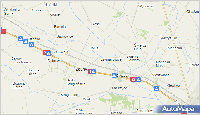 mapa Szymanowice gmina Zduny, Szymanowice gmina Zduny na mapie Targeo