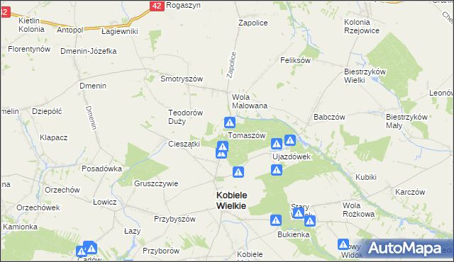 mapa Tomaszów gmina Kobiele Wielkie, Tomaszów gmina Kobiele Wielkie na mapie Targeo