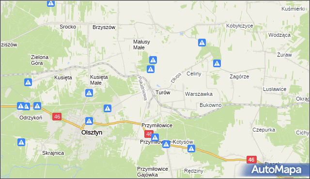 mapa Turów gmina Olsztyn, Turów gmina Olsztyn na mapie Targeo