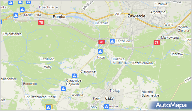 mapa Turza gmina Łazy, Turza gmina Łazy na mapie Targeo