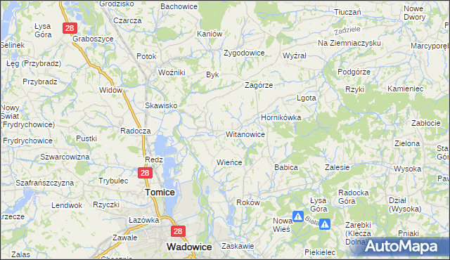 mapa Witanowice gmina Tomice, Witanowice gmina Tomice na mapie Targeo