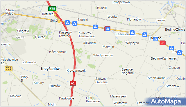 mapa Władysławów gmina Krzyżanów, Władysławów gmina Krzyżanów na mapie Targeo