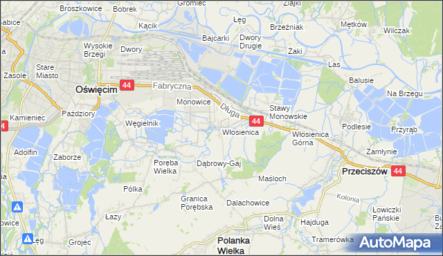 mapa Włosienica gmina Oświęcim, Włosienica gmina Oświęcim na mapie Targeo