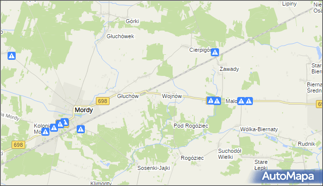 mapa Wojnów gmina Mordy, Wojnów gmina Mordy na mapie Targeo