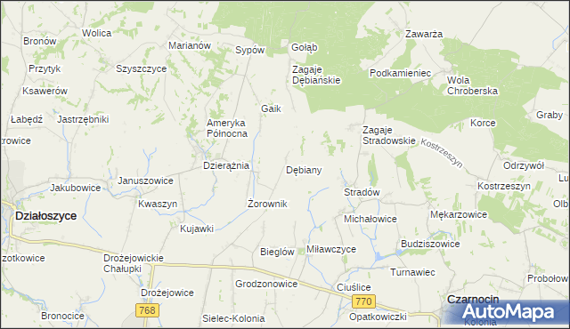 mapa Dębiany gmina Działoszyce, Dębiany gmina Działoszyce na mapie Targeo