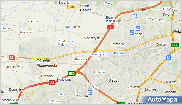 mapa Jawczyce gmina Ożarów Mazowiecki, Jawczyce gmina Ożarów Mazowiecki na mapie Targeo