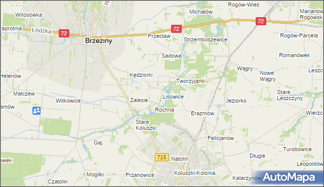 mapa Lisowice gmina Koluszki, Lisowice gmina Koluszki na mapie Targeo