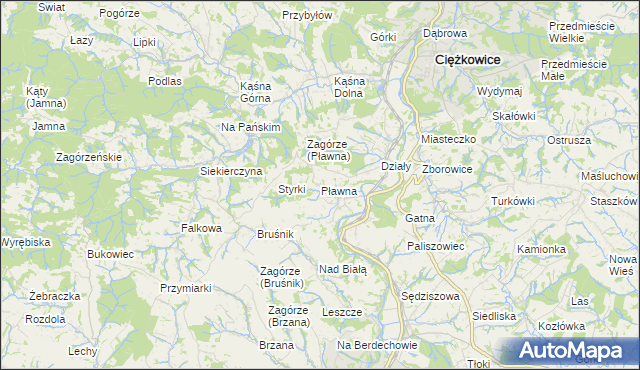 mapa Pławna gmina Ciężkowice, Pławna gmina Ciężkowice na mapie Targeo