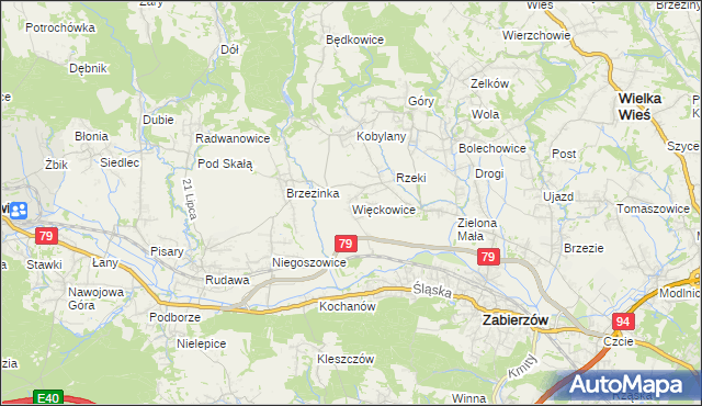 mapa Więckowice gmina Zabierzów, Więckowice gmina Zabierzów na mapie Targeo