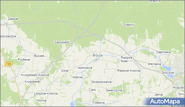 mapa Brzuza gmina Drzewica, Brzuza gmina Drzewica na mapie Targeo