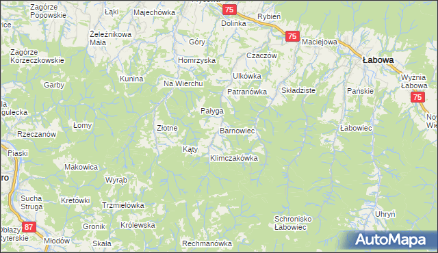 mapa Barnowiec gmina Łabowa, Barnowiec gmina Łabowa na mapie Targeo