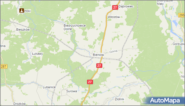 mapa Bieniów gmina Żary, Bieniów gmina Żary na mapie Targeo