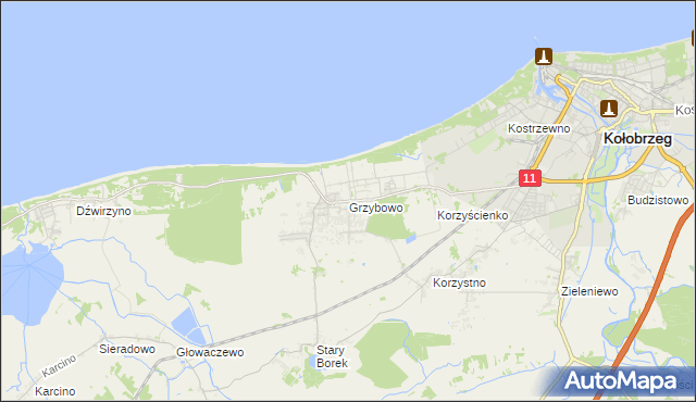 mapa Grzybowo gmina Kołobrzeg, Grzybowo gmina Kołobrzeg na mapie Targeo