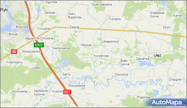 mapa Korzeniów gmina Ułęż, Korzeniów gmina Ułęż na mapie Targeo