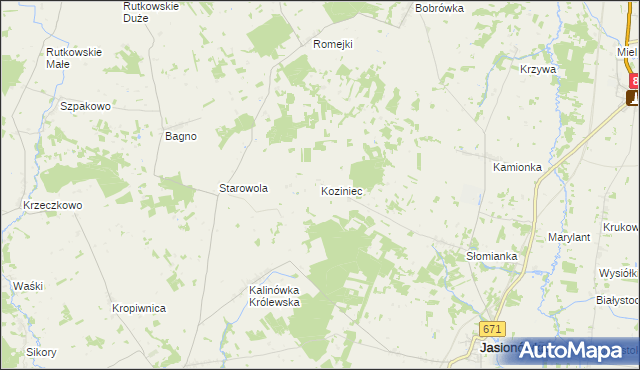 mapa Koziniec gmina Jasionówka, Koziniec gmina Jasionówka na mapie Targeo