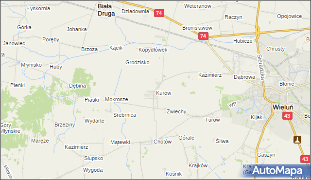 mapa Kurów gmina Wieluń, Kurów gmina Wieluń na mapie Targeo
