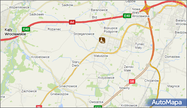 mapa Małuszów gmina Kobierzyce, Małuszów gmina Kobierzyce na mapie Targeo