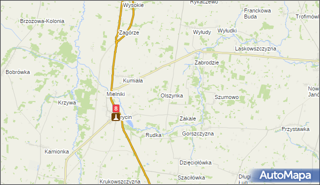 mapa Olszynka gmina Korycin, Olszynka gmina Korycin na mapie Targeo