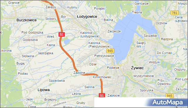 mapa Pietrzykowice gmina Łodygowice, Pietrzykowice gmina Łodygowice na mapie Targeo