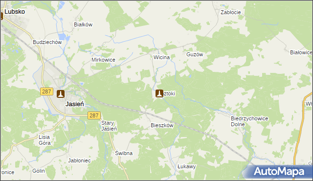 mapa Roztoki gmina Jasień, Roztoki gmina Jasień na mapie Targeo