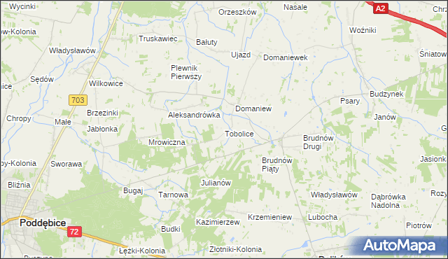 mapa Tobolice gmina Dalików, Tobolice gmina Dalików na mapie Targeo