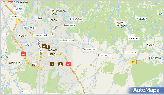 mapa Waksmund, Waksmund na mapie Targeo