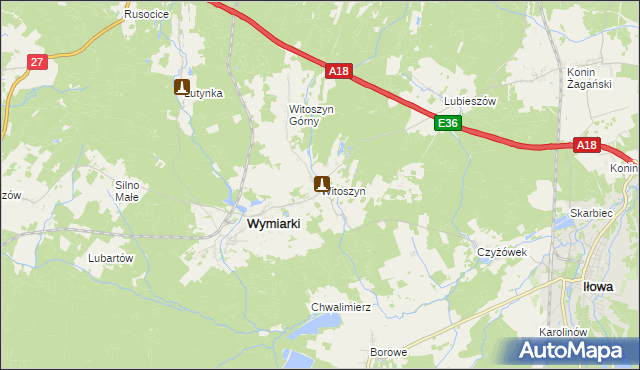 mapa Witoszyn gmina Wymiarki, Witoszyn gmina Wymiarki na mapie Targeo