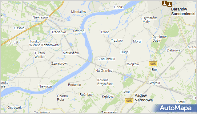 mapa Zaduszniki gmina Padew Narodowa, Zaduszniki gmina Padew Narodowa na mapie Targeo