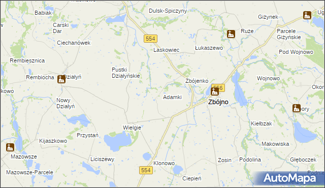 mapa Adamki gmina Zbójno, Adamki gmina Zbójno na mapie Targeo