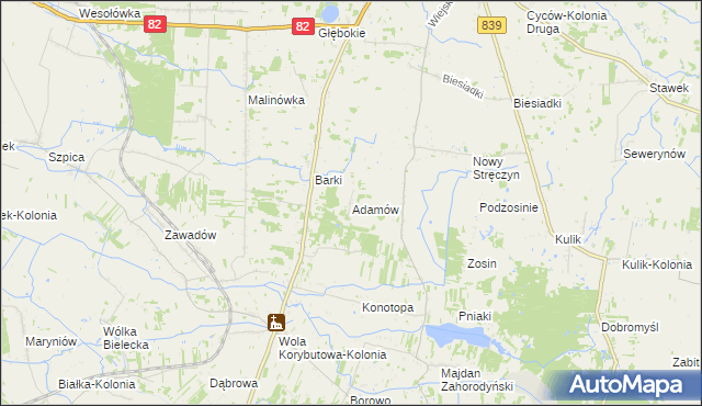 mapa Adamów gmina Cyców, Adamów gmina Cyców na mapie Targeo