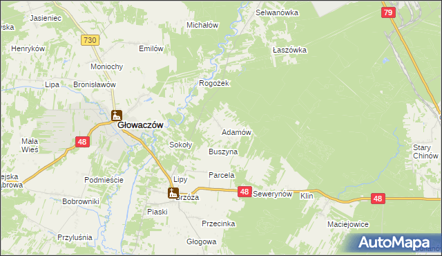 mapa Adamów gmina Głowaczów, Adamów gmina Głowaczów na mapie Targeo
